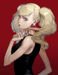 Rule 34 | 10s, 1girl, big hair, blonde hair, blue eyes, breasts, curly hair, earrings, eyebrows, eyelashes, eyeliner, highres, jewelry, lipstick, looking at viewer, makeup, parted lips, persona, persona 5, red background, simple background, solo, takamaki anne, tank top, thomas on, twintails, upper body