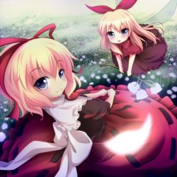 Rule 34 | 2girls, blonde hair, blue eyes, blush, bow, doll, female focus, flower, from above, hair bow, lily of the valley, long hair, looking back, medicine melancholy, multiple girls, outdoors, plant, short hair, sitting, solo, su-san, sui. (ayase), touhou, wings