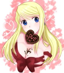 Rule 34 | 1girl, blonde hair, blue eyes, bow, breasts, candy, character name, chocolate, chocolate heart, chocolate on body, chocolate on breasts, cleavage, earrings, floating hair, food, food on body, fullmetal alchemist, heart, highres, jewelry, long hair, looking to the side, machi (xxx503r), medium breasts, mouth hold, naked ribbon, red bow, red ribbon, ribbon, solo, swept bangs, upper body, winry rockbell