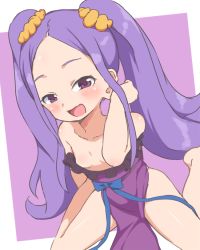 Rule 34 | 1girl, :d, bare shoulders, blue bow, blue ribbon, blush, bow, breasts, bubukka, collarbone, commentary request, dress, fang, fate/grand order, fate (series), forehead, hair ornament, hair scrunchie, long hair, looking at viewer, open mouth, pelvic curtain, petite, purple background, purple bow, purple eyes, purple hair, purple theme, ribbon, scrunchie, simple background, sitting, skin fang, small breasts, smile, solo, twintails, very long hair, wariza, wu zetian (fate), wu zetian (first ascension) (fate), yellow scrunchie