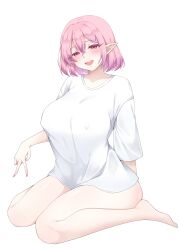 Rule 34 | 1girl, absurdres, barefoot, breasts, commentary, dr (slrkwhdma12), highres, large breasts, looking at viewer, lucid (maplestory), maplestory, open mouth, pink hair, pointy ears, red eyes, shirt, short hair, simple background, sitting, solo, t-shirt, teeth, thighs, upper teeth only, white background, white shirt