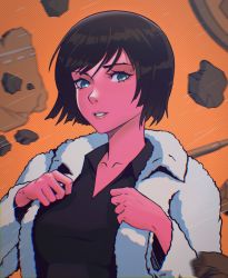 Rule 34 | 1girl, bad id, bad twitter id, black shirt, breasts, character request, copyright request, grey eyes, highres, jacket, large breasts, lem, looking at viewer, orange background, parted lips, shirt, short hair, solo, white jacket