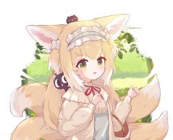 Rule 34 | 1girl, animal, animal ear fluff, animal ears, arknights, basket, black cat, blonde hair, blue hairband, blue skirt, cardigan, cat, commentary, crossover, fox ears, fox girl, fox tail, frilled hairband, frills, green eyes, hair between eyes, hairband, heixiu, highres, kattowu, kitsune, kyuubi, light blush, long hair, long sleeves, luo xiaohei, multiple tails, neck ribbon, official alternate costume, on head, open cardigan, open clothes, parted lips, puffy long sleeves, puffy sleeves, red ribbon, ribbon, shirt, simple background, skirt, suzuran (arknights), suzuran (spring praise) (arknights), tail, luo xiaohei zhanji, twitter username, upper body, white background, yellow cardigan, yellow shirt