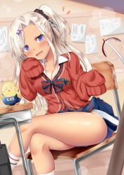 Rule 34 | 1girl, absurdres, archerfish (azur lane), archerfish (the devil next door) (azur lane), azur lane, blush, bulletin board, cardigan, chair, classroom, desk, fang, hair ornament, highres, lifting own clothes, long hair, long sleeves, looking at viewer, manatu kato, manjuu (azur lane), no panties, official alternate costume, one side up, open mouth, pleated skirt, purple eyes, red cardigan, school uniform, silver hair, sitting, skin fang, skirt, sleeves past fingers, sleeves past wrists, smug, star (symbol), star hair ornament, tail, tan