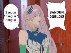 Rule 34 | 1girl, clothing cutout, feathers, grey hair, hair ornament, hololive, hololive indonesia, indonesia, indonesian text, jewelry, long hair, meme, pavolia reine, pavolia reine (1st costume), scene reference, stomach cutout, virtual youtuber