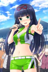 Rule 34 | 1girl, 4boys, alternative girls, belt, black hair, blunt bangs, blush, bow, breasts, cleavage, cloud, cloudy sky, collarbone, cropped jacket, day, embarrassed, green eyes, green jacket, green shorts, hair bow, highres, holding, holding microphone, jacket, long hair, looking at viewer, medium breasts, microphone, multiple boys, navel, nose blush, official art, open mouth, outdoors, pointing, pointing at viewer, race queen, red bow, shorts, sky, standing, tendou machi, zipper