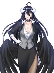 Rule 34 | 1girl, ahoge, albedo (overlord), alternate costume, black hair, breasts, choker, cleavage, contemporary, demon girl, formal, gloves, grin, hand on own hip, horns, long hair, low wings, medium breasts, overlord (maruyama), pantyhose, pencil skirt, pinstripe pattern, pinstripe vest, side slit, sinhyul, skirt, skirt suit, smile, solo, striped, suit, vest, white gloves, wings, yellow eyes