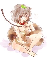 Rule 34 | 1girl, ?, animal ears, breasts, brown dress, brown eyes, brown hair, chain, chain leash, cleavage, collar, dress, flip-flops, futatsuiwa mamizou, glasses, large breasts, leaf, leaf on head, leash, looking at viewer, on floor, open mouth, raccoon ears, raccoon girl, raccoon tail, sandals, sen1986, short hair, simple background, sitting, sketch, solo, spoken question mark, tail, toes, touhou, white background