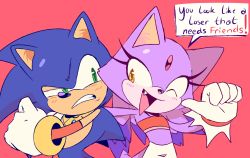 Rule 34 | 1boy, 1girl, animal ears, bindi, blaze the cat, blush, cat, commentary, english commentary, english text, furry, furry female, furry male, gloves, green eyes, hedgehog, highres, jewelry, necklace, one eye closed, open mouth, pants, role reversal, sonic (series), sonic the hedgehog, speech bubble, stellarspin, strapless, tail, tube top, yellow eyes