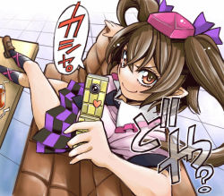 Rule 34 | 1girl, brown eyes, brown hair, cellphone, checkered clothes, checkered skirt, couch, face, feet on table, female focus, hat, himekaidou hatate, crossed legs, looking up, necktie, phone, pointy ears, sitting, skirt, smirk, solo, tokin hat, touhou, twintails, uousa-ou