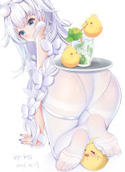 Rule 34 | all fours, animal ear fluff, animal ears, ass, azur lane, blue eyes, braid, butterfly hair ornament, chinese commentary, commentary request, cup, drinking glass, fake animal ears, food, from behind, fruit, hair ornament, highres, ice, ice cube, lace, lace panties, le malin (azur lane), le malin (listless lapin) (azur lane), lime (fruit), lime slice, long hair, looking at viewer, looking back, low twin braids, manjuu (azur lane), miaogujun, mint, nail polish, no shoes, official alternate costume, panties, panties under pantyhose, pantyhose, purple nails, rabbit ears, sidelocks, silver hair, soles, thigh strap, tray, tray on ass, twin braids, underwear, very long hair, white legwear, wrist cuffs