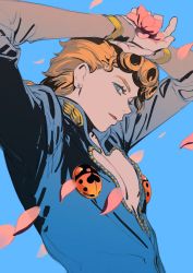 Rule 34 | 1boy, arms up, artist request, blonde hair, blue background, blue eyes, braid, bug, cleavage cutout, clothing cutout, earrings, giorno giovanna, highres, bug, jewelry, jojo no kimyou na bouken, ladybug, looking at viewer, male focus, open mouth, petals, simple background, solo, vento aureo