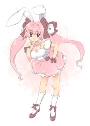 Rule 34 | 1girl, animal ears, bent over, bow, breasts, brown bow, brown eyes, brown footwear, closed mouth, detached sleeves, di gi charat, dice hair ornament, full body, hair between eyes, hair bow, hair intakes, hair ornament, hand up, heart, highres, legs apart, long hair, medium breasts, neck ribbon, nonamejd, pink hair, pink ribbon, puffy short sleeves, puffy sleeves, rabbit ears, ribbon, shoes, short sleeves, single horizontal stripe, smile, socks, solo, standing, twintails, usada hikaru, white sleeves, white socks, wrist bow