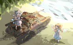 Rule 34 | 2girls, absurdres, artist name, blue dress, blue eyes, blue hair, cirno, daiyousei, dated, dress, fairy wings, green hair, highres, long hair, multiple girls, pointing, pzgr.40, river, shadow, short hair, standing on object, tankette, touhou, tree, wavy hair, wings