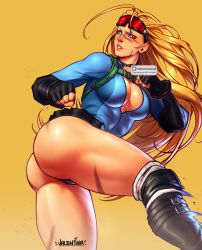Rule 34 | ass, blonde hair, blue eyes, boots, breasts, cammy white, cleavage, fingerless gloves, gloves, goggles, highres, large breasts, leotard, long hair, long sleeves, street fighter, thong leotard, valentinainat1