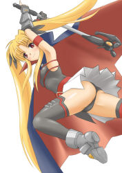 Rule 34 | 00s, 1girl, armored boots, ass, axe, bardiche (assault form) (nanoha), bardiche (nanoha), black cape, black gloves, black leotard, black thighhighs, blonde hair, boots, breasts, cape, fate testarossa, fate testarossa (lightning form), female focus, fingerless gloves, ginjyasei, gloves, grey footwear, hair ribbon, holding, leotard, long hair, lyrical nanoha, mahou shoujo lyrical nanoha, mahou shoujo lyrical nanoha a&#039;s, red eyes, ribbon, simple background, skirt, small breasts, solo, thighhighs, twintails, very long hair, white background, white skirt