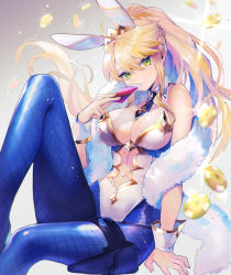 Rule 34 | 1girl, ahoge, animal ears, artoria pendragon (all), artoria pendragon (fate), artoria pendragon (swimsuit ruler) (fate), bare shoulders, blonde hair, blue neckwear, blue pantyhose, braid, breasts, card, cleavage, closed mouth, clothing cutout, detached collar, fake animal ears, fate/grand order, fate (series), feather boa, fishnet pantyhose, fishnets, french braid, green eyes, hair between eyes, highleg, highleg leotard, knee up, large breasts, leotard, long hair, natsuiro xx, navel, navel cutout, necktie, pantyhose, playboy bunny, playing card, poker chip, ponytail, rabbit ears, sidelocks, sitting, sparkle, thigh strap, thighs, tiara, white leotard, wrist cuffs