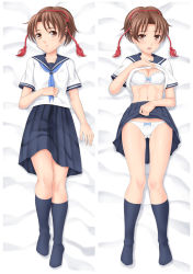 Rule 34 | 1girl, abs, bed sheet, black skirt, black socks, blouse, blue neckerchief, blush, botan m, bow, bow bra, bow panties, bra, breasts, brown eyes, brown hair, casual, cleavage, closed mouth, clothes lift, commentary request, crotch seam, dakimakura (medium), frilled bra, frills, from above, full body, gluteal fold, hair ribbon, highres, kneehighs, legs, lifted by self, light blush, light frown, light smile, lips, looking at viewer, lying, medium breasts, medium skirt, multiple views, nanase (street fighter), neckerchief, on back, open mouth, panties, partial commentary, pleated skirt, red ribbon, ribbon, shirt, shirt lift, short hair, short ponytail, short sleeves, skirt, skirt lift, socks, street fighter, underwear, white bra, white panties, white shirt