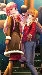 Rule 34 | 4girls, :d, blurry, blurry background, brown coat, brown eyes, brown footwear, brown gloves, brown hair, closed mouth, coat, coat dress, doukyuusei, doukyuusei another world, floating hair, fur-trimmed coat, fur trim, game cg, gloves, grey pants, hair intakes, jacket, kakyuusei 2, long hair, long sleeves, looking at viewer, multiple girls, open mouth, pants, pantyhose, pink hair, red eyes, red jacket, red skirt, saimon tamaki, sakuragi mai, scarf, skirt, smile, snowing, stairs, standing, very long hair, winter clothes, winter coat, yellow scarf