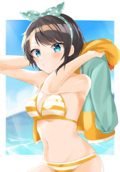 Rule 34 | 1girl, absurdres, asymmetrical bangs, bad id, bad pixiv id, bikini, black hair, blue eyes, blush, breasts, cleavage, commentary, cowboy shot, day, hairband, highres, holding, holding clothes, holding jacket, hololive, hood, hooded jacket, jacket, looking at viewer, medium breasts, midriff, moonbell, navel, ocean, oozora subaru, oozora subaru (hololive summer 2019), orange bikini, outdoors, parted bangs, polka dot, puckered lips, short hair, solo, striped bikini, striped clothes, swimsuit, unworn jacket, virtual youtuber