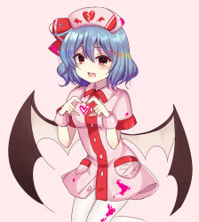 Rule 34 | 1girl, absurdres, bat wings, blue hair, blush, buttons, collar, dress, hair between eyes, hands up, hat, hat ribbon, heart, heart hands, highres, looking at viewer, open mouth, pantyhose, pink background, pink collar, pink dress, pink hat, pink sleeves, plus sign, red eyes, red ribbon, remilia scarlet, ribbon, short hair, short sleeves, simple background, smile, solo, subaru (subachoco), touhou, white pantyhose, wings