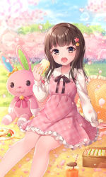 Rule 34 | 1girl, bes (destiny child), black bow, bow, brown eyes, brown hair, cherry blossoms, collared shirt, commentary request, commission, day, destiny child, dress, food, fried egg, frilled dress, frilled pillow, frilled shirt collar, frills, hanami, holding, holding food, long hair, looking at viewer, nemuri nemu, open mouth, outdoors, petals, pillow, pink dress, plaid, plaid dress, polka dot, sandwich, shirt, sleeveless, sleeveless dress, solo, stuffed animal, stuffed rabbit, stuffed toy, white shirt