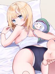 Rule 34 | 1girl, absurdres, artist request, ass, bare shoulders, bed sheet, blonde hair, blue eyes, blush, breasts, feet, food, from behind, gawr gura, highres, hololive, hololive english, looking at viewer, looking back, lying, medium breasts, on stomach, panties, panty peek, pocky, soles, solo, tank top, underwear, virtual youtuber, watson amelia