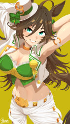 Rule 34 | 1girl, absurdres, ahoge, animal ears, arm strap, armpits, arms up, breasts, brown hair, choker, cleavage, collarbone, commentary request, cowboy shot, crop top, cropped jacket, green eyes, green shirt, grin, hair between eyes, hair ornament, hairclip, hat, highres, horse ears, horse girl, horse tail, jacket, kumabachi315, long hair, long sleeves, looking at viewer, medium breasts, midriff, mini hat, mini top hat, mr. c.b. (umamusume), navel, open clothes, open jacket, pants, shirt, sidelocks, signature, simple background, single bare shoulder, single sleeve, smile, solo, standing, strapless, strapless shirt, tail, teeth, top hat, umamusume, white hat, white jacket, white pants, wrist cuffs, yellow background, yellow choker