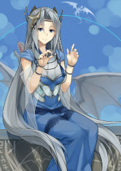 Rule 34 | 1girl, absurdres, armor, blue-eyes white dragon, blue eyes, breastplate, breasts, clothing cutout, dragon, duel monster, female focus, frostcyco, highres, large breasts, long hair, looking at viewer, monster, priestess with eyes of blue, sharp teeth, silver hair, sitting, smile, solo, teeth, underboob cutout, very long hair, wings, yu-gi-oh!
