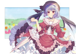Rule 34 | 1girl, absurdres, alternate costume, bat wings, beni kurage, black hat, blue hair, blush, bow, choker, commentary request, cowboy shot, dress, fang, fang out, frilled choker, frilled dress, frills, hand up, hat, hat ribbon, highres, looking at viewer, medium hair, pink umbrella, red dress, red eyes, remilia scarlet, ribbon, short sleeves, smile, solo, striped, striped bow, touhou, umbrella, wings