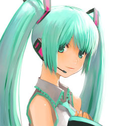 Rule 34 | 1girl, detached sleeves, face, green eyes, green hair, hair ribbon, hatsune miku, headset, kamdia, long hair, matching hair/eyes, necktie, ribbon, simple background, sleeves past wrists, solo, twintails, very long hair, vocaloid