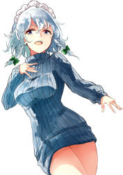Rule 34 | 1girl, alternate costume, blue eyes, blue sweater, bow, braid, breasts, commentary request, cowboy shot, deetamu, green bow, hair between eyes, hair bow, hand on own chest, hand up, highres, izayoi sakuya, long sleeves, looking at viewer, maid headdress, medium breasts, no pants, open mouth, ribbed sweater, short hair, silver hair, simple background, solo, standing, sweater, thighs, touhou, turtleneck, turtleneck sweater, twin braids, white background