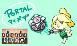 Rule 34 | 1girl, animal crossing, aperture science handheld portal device, aperture science weighted companion cube, blonde hair, body fur, copyright name, crossover, dog girl, furry, furry female, isabelle (animal crossing), ko-on (ningen zoo), nintendo, open mouth, portal, portal (series), portal 1, portal 2, running, screencap, sentry turret (portal), simple background, skirt, smile, solo, topknot, translation request, vest