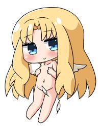 Rule 34 | 1girl, barefoot, blonde hair, blue eyes, blush, chibi, closed mouth, collarbone, commentary request, completely nude, covering privates, covering chest, feathered wings, feathers, filo (tate no yuusha no nariagari), full body, groin, hana kazari, head tilt, long hair, looking at viewer, navel, nude, parted bangs, simple background, smile, solo, tate no yuusha no nariagari, very long hair, white background, white feathers, white wings, wings
