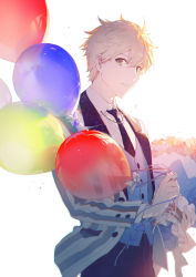 Rule 34 | 1boy, ahoge, arthur pendragon (fate), arthur pendragon (white rose) (fate), balloon, black necktie, black pants, blonde hair, collared shirt, commentary request, fate/prototype, fate (series), formal, green eyes, highres, holding, jacket, looking at viewer, male focus, necktie, open clothes, open jacket, pants, parted lips, rella, shirt, simple background, smile, solo, standing, striped clothes, striped jacket, suit, vest, white background, white shirt, wing collar