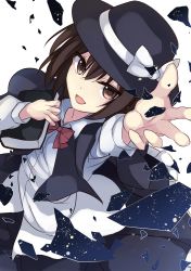 Rule 34 | 1girl, :d, black hat, black skirt, book, bow, bowtie, broken glass, brown eyes, brown hair, capelet, foreshortening, glass, hat, hat bow, highres, holding, holding book, janne cherry, long sleeves, looking at viewer, open mouth, reaching, reaching towards viewer, red bow, red bowtie, shirt, short hair, skirt, smile, solo, touhou, tsurime, usami renko, white bow, white shirt
