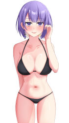 1girl absurdres alternate_hair_length alternate_hairstyle azurarts bare_shoulders bikini black_bikini blush breasts breasts_apart collarbone commentary cowboy_shot earrings gradient_hair highres hololive hololive_indonesia jewelry large_breasts looking_at_viewer moona_hoshinova multicolored_hair navel parted_lips purple_eyes purple_hair short_hair simple_background smile solo standing stomach swimsuit tucking_hair virtual_youtuber white_background