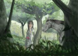 Rule 34 | 1girl, belt, blue eyes, blurry, branch, brown hair, dappled sunlight, floral print, forest, grass, hair down, hand up, horse, japanese clothes, kimono, light, long hair, long sleeves, mihama machi, nature, open mouth, original, perspective, red belt, shadow, solo, sunlight, tree, tree shade, white kimono, yukata