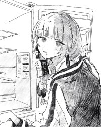 Rule 34 | 1girl, alcohol carton, bocchi the rock!, bow, braid, braided ponytail, drinking straw, earrings, enu (brandnewday02), greyscale, hair bow, highres, hiroi kikuri, jacket, jewelry, long hair, looking at viewer, looking to the side, monochrome, off shoulder, open mouth, refrigerator, ringed eyes, solo, upper body