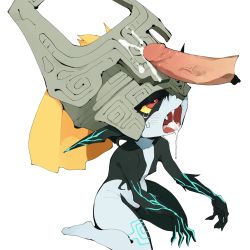 Rule 34 | 1boy, 1girl, black skin, blonde hair, blush, breasts, colored sclera, colored skin, cum, cum in mouth, cum on headwear, disembodied penis, fang, glowing, helmet, highres, midna, nintendo, one eye covered, open mouth, penis, penis on head, pointy ears, ponytail, red eyes, simple background, sitting, small breasts, the legend of zelda, the legend of zelda: twilight princess, tongue, wariza, white background, white skin, yellow sclera, youjo modoki
