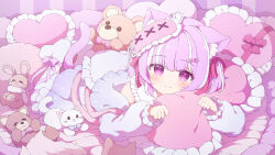 Rule 34 | 1girl, animal ears, cat ears, cat girl, cat tail, closed mouth, commentary, commission, frilled pillow, frills, heart, heart-shaped pillow, highres, looking at viewer, on bed, original, paw pose, pillow, pink eyes, pink hair, skeb commission, sleep mask, sleepwear, smile, solo, split mouth, stuffed animal, stuffed toy, tail, teddy bear, tyomimas, variant set