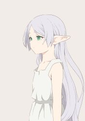 Rule 34 | 1girl, collarbone, dress, elf, empty eyes, frieren, green eyes, grey background, highres, long hair, looking to the side, parted bangs, pointy ears, short eyebrows, sleeveless, sleeveless dress, solo, sousou no frieren, standing, thick eyebrows, upper body, white dress, white hair, yasehattagi