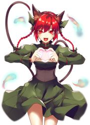 Rule 34 | 1girl, animal ears, bad id, bad twitter id, bow, braid, cat ears, cat tail, corset, dress, eredhen, extra ears, fangs, green dress, hair bow, heart, heart hands, hitodama, jpeg artifacts, kaenbyou rin, long hair, long sleeves, looking at viewer, multiple tails, open mouth, pointy ears, puffy sleeves, red eyes, red hair, simple background, smile, solo, tail, touhou, turtleneck, twin braids, upskirt, white background