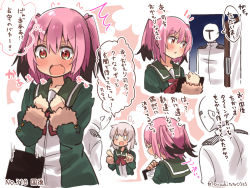 Rule 34 | 10s, 1boy, 2girls, colored tips, highres, kantai collection, kunashiri (kancolle), multicolored hair, multiple girls, pink hair, shimushu (kancolle), suzuki toto, t-head admiral, translation request, tsundere, two side up