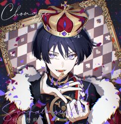 Rule 34 | 1boy, black background, black hair, blue background, cape, checkered background, chongyi2111, crown, eyeliner, fur-trimmed cape, fur trim, genshin impact, highres, japanese clothes, male focus, multicolored background, open mouth, picture frame, purple eyes, red cape, red eyeliner, scaramouche (genshin impact), short hair, signature, smile, solo