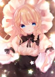 Rule 34 | 1girl, adapted costume, backlighting, black hat, black ribbon, blonde hair, blue eyes, braid, breasts, cacao (cacaomgmg), hair between eyes, hat, head tilt, highres, kirisame marisa, large hat, looking at viewer, medium hair, open mouth, puffy short sleeves, puffy sleeves, ribbon, short sleeves, single braid, sleeve ribbon, small breasts, solo, star (symbol), touhou, witch hat