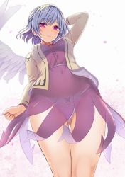 Rule 34 | 1girl, amisu, arm behind head, arm up, beige jacket, braid, breasts, clenched hand, commentary request, dress, feet out of frame, french braid, from below, gluteal fold, gradient background, jacket, kishin sagume, long sleeves, looking at viewer, medium breasts, navel, open clothes, open jacket, panties, petals, purple dress, red eyes, see-through, short dress, short hair, silver hair, smile, solo, standing, thigh gap, thighs, touhou, underwear, white background, white panties
