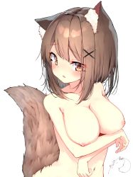 Rule 34 | 1girl, animal ear fluff, animal ears, arms under breasts, blush, breast hold, breasts, brown eyes, brown hair, collarbone, commentary request, fox ears, fox girl, fox tail, hair ornament, hairclip, highres, large breasts, mayogii, navel, nipples, nude, original, parted lips, signature, simple background, solo, tail, tail raised, upper body, white background, x hair ornament
