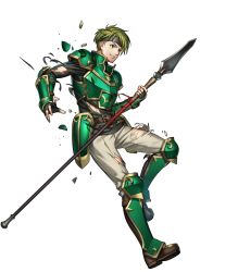 Rule 34 | 1boy, armor, artist request, boots, broken armor, elbow pads, fingerless gloves, fire emblem, fire emblem: the blazing blade, fire emblem heroes, full body, gauntlets, gloves, gold trim, green armor, green eyes, green hair, headband, highres, holding, holding polearm, holding weapon, knee boots, long sleeves, looking away, male focus, nintendo, non-web source, official art, pants, parted lips, polearm, sain (fire emblem), short hair, shoulder armor, smile, spear, teeth, torn clothes, torn pants, transparent background, turtleneck, weapon