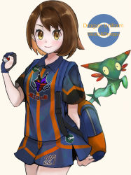 Rule 34 | 1girl, arm behind back, arm up, backpack, bag, black gloves, blue bag, blue gloves, blue shirt, blue shorts, blush, bob cut, brown eyes, brown hair, character name, collar, collared shirt, creatures (company), dreepy, game freak, gen 8 pokemon, gloria (pokemon), gloves, gym uniform, hand up, holding, holding poke ball, jersey, light blush, light smile, nintendo, orange bag, orange stripes, poke ball, poke ball symbol, pokemon, pokemon (creature), pokemon swsh, setta shu, shirt, short hair, short sleeves, shorts, simple background, single glove, smile, striped clothes, striped shirt, swept bangs, two-tone bag, two-tone gloves, white background